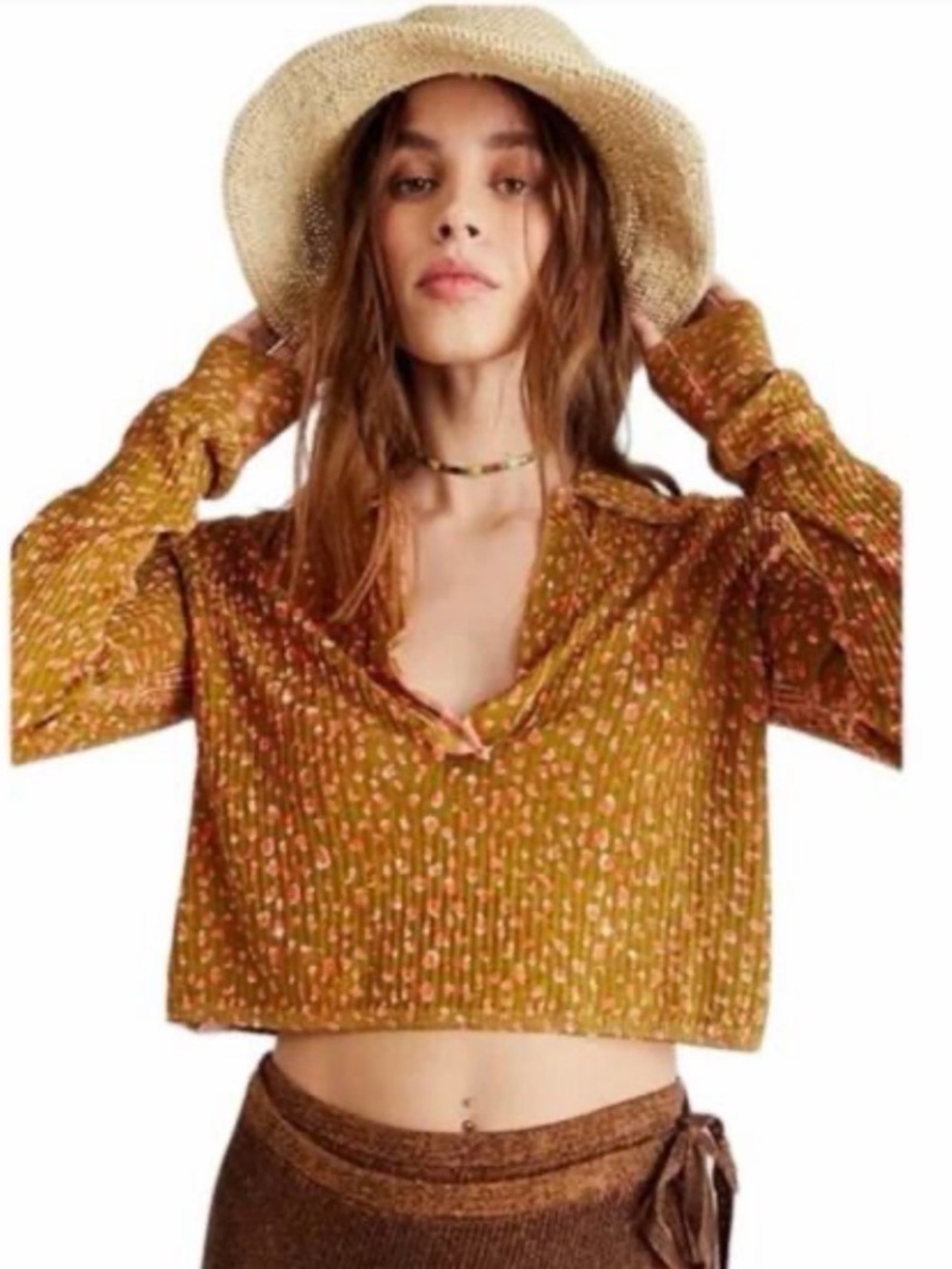 FREE PEOPLE Olive Green & Pink Cropped V‑Neck ribbed Polo Sweater with Dot Print